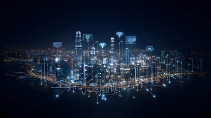 Obraz premium Illuminated Cityscape At Night Showing Modern Technology Data and Cyber Connections