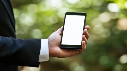 Businessman holding blank smartphone outdoors