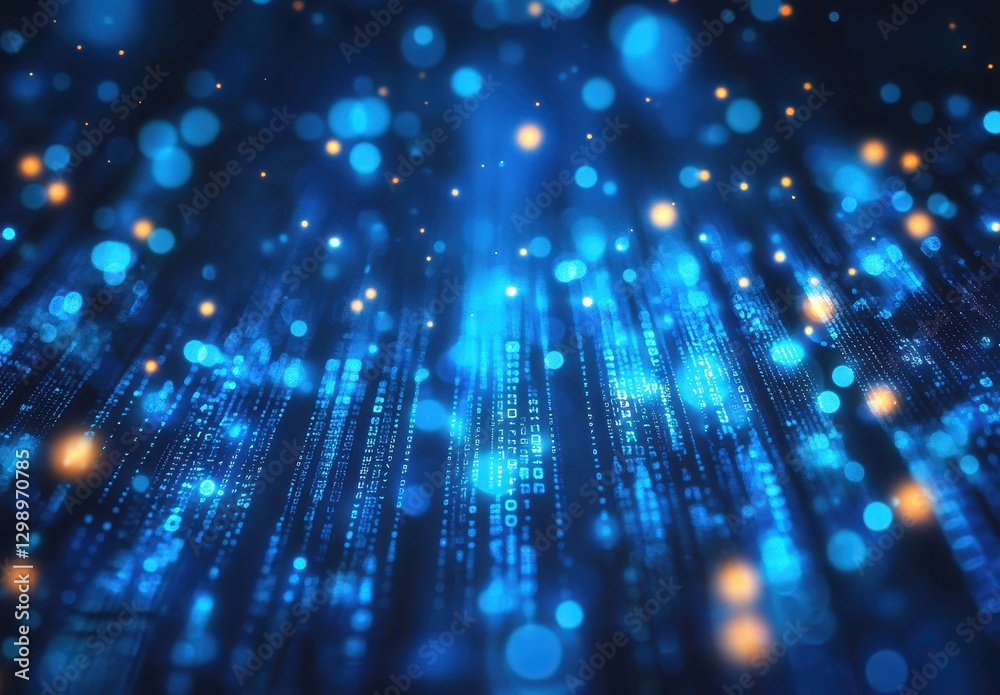 Poster futuristic abstract background with glowing particles and lines representing digital data flow in bl