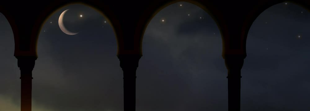 view from inside to outside through a mosque arch, night sky with time lapse of clouds or smoke, fantasy background banner for islam holidays with copy space