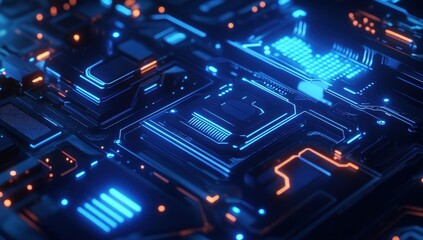 Fototapeta premium Futuristic Abstract Circuit Board Design Featuring Neon Blue and Orange Lights with Digital Patterns and Complex Electronic Components