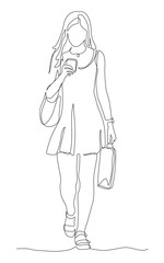 Woman in mini dress with shopping bag walking. Front view. Continuous line drawing. Black and white vector illustration in line art style.