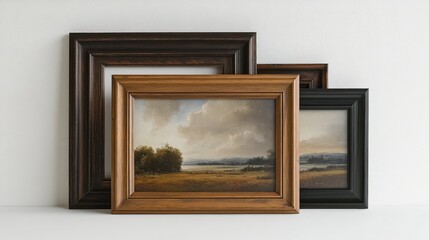 Framed landscape paintings, various colors, on white surface