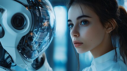 Young woman interacts with futuristic robot, showcasing advanced technology and human emotion in harmony