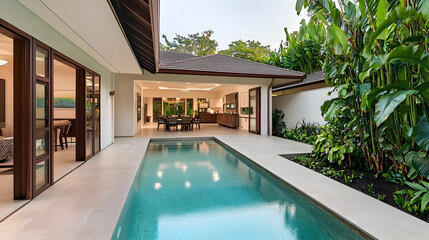Luxury modern villa exterior with swimming pool open patio and lush green garden