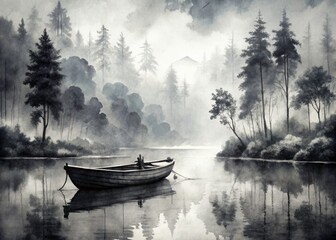Serene Lake, Fishing Boat, Ink Wash Painting, Black and White Antique Photo, Nature Scene, Asian Art