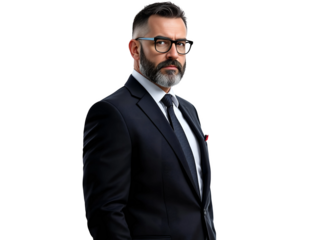 A confident young businessman with glasses, wearing a suit and tie, smiling in a professional studio setting, transparent background