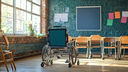 Empty wheelchair in a modern classroom with bright sunlight casting shadows on the floor and walls