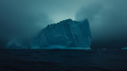 Majestic iceberg floating in the cold Arctic waters, its towering crystalline structure reflecting in the still ocean. Ideal for environmental campaigns, climate change discussions, and nature photos