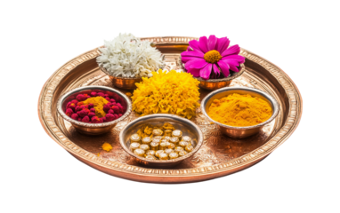 A Beautifully Arranged Puja Thali Featuring Kumkum, Turmeric, and Holy Items Isolated on transparent background.