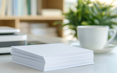 Office desk with blank white paper stack, printer, and a cup. Minimalist workspace with natural light and plant in the background, for business and creativity.