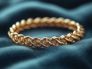 Golden Braided Bangle on Luxurious Teal Fabric, A Sophisticated Accessory Perfect for Women's Day Celebration of Elegance and Style, Symbolizing Strength.