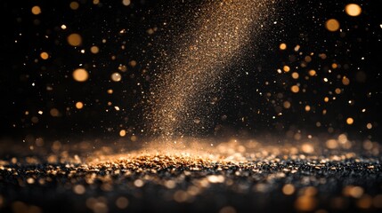 Fototapeta premium Golden dust particles gracefully falling against a dark background, creating a magical atmosphere