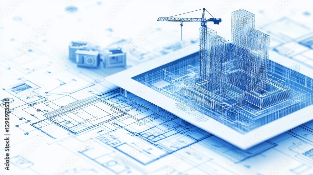 Poster conceptual architecture blueprint with 3d rendering of building structure on construction site with 