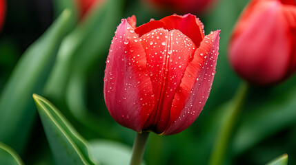 Fototapeta premium A close-up view of a single tulip in full bloom, showcasing its vibrant red petals with dew drops on the edges, surrounded by green leaves.
