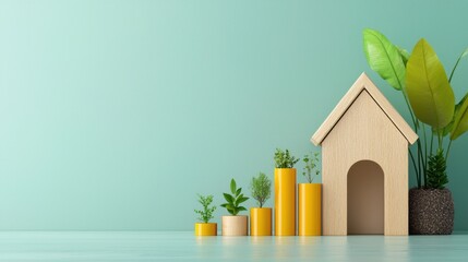 Modern home concept with plant growth representation on pastel green background, showcasing eco-friendly living and sustainable growth themes in design
