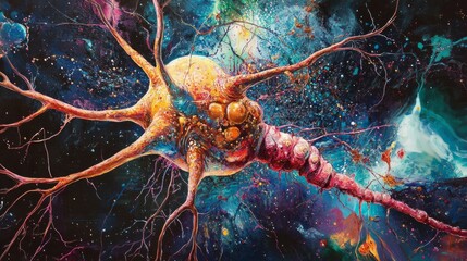 Vibrant neural cell artistic representation in cosmic background