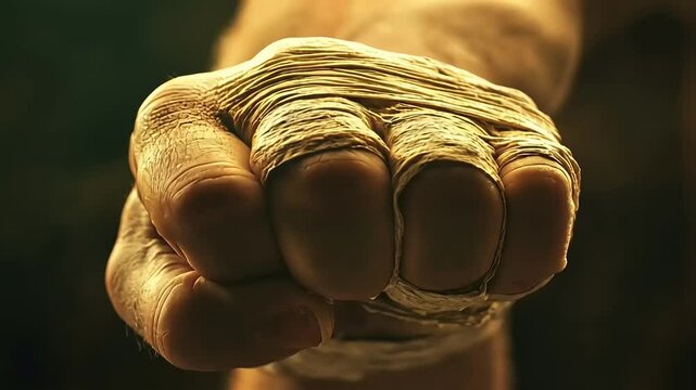 Close-up of a clenched fist wrapped in tape, symbolizing strength and determination in a dramatic setting