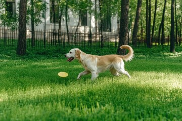 Pet Photography A golden retriever runs joyfully in a lush green park, chasing a frisbee on a sunny day.