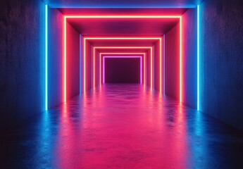 Fototapeta premium Futuristic corridor with vibrant neon lights in blue and pink illuminating a dark space, creating a surreal and captivating atmosphere for creative projects