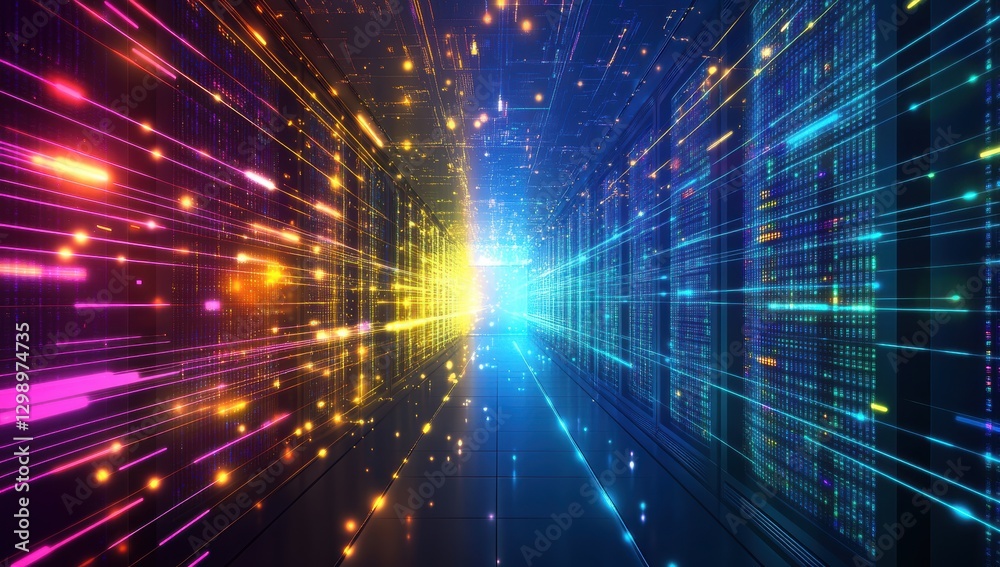 Poster futuristic data center visualizing digital information flow with colorful light trails emphasizing t