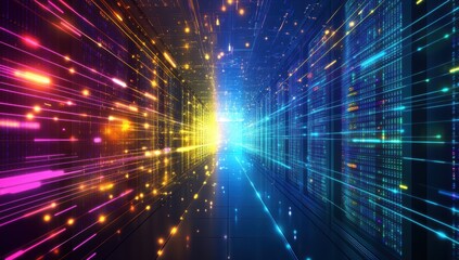 Obraz premium Futuristic Data Center Visualizing Digital Information Flow with Colorful Light Trails Emphasizing Technology and Connectivity in a High-Tech Environment