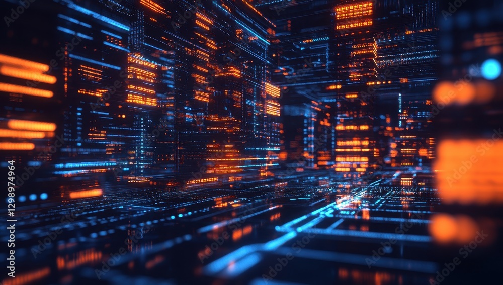 Poster futuristic data flow in a digital environment with glowing orange and blue lights seamlessly syncing