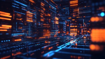 Naklejka premium Futuristic Data Flow in a Digital Environment with Glowing Orange and Blue Lights Seamlessly Syncing Across a 3D Network Structure of Information Grids
