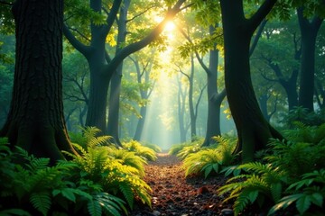 Sunlight dappled forest floor, giant trees, abundant ferns , tropical, Phuket