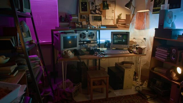 No people shot of cluttered workspace with old wooden desk, two computer monitors, reel-to-reel tape recorder, telephones, shelves filled with books and tech gadgets in soft purple lighting