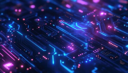 Obraz premium Futuristic Digital Circuit Board with Bright Neon Colors and Glowing Lights for Technology and Science Imagery