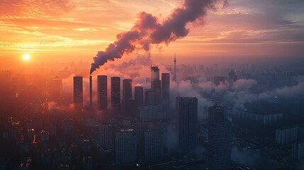 Fototapeta premium Urban Skyline at Sunset with Industrial Smoke and Pollution Rising Above City Landscape