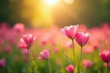 Fototapeta premium Vibrant pink flower field, bright sunlight, bokeh, pink meadow, meadow