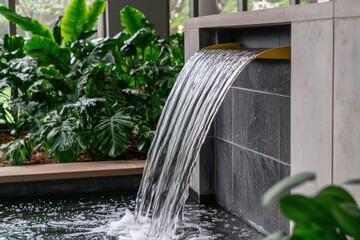 An indoor waterfall installation with golden accents, gently cascading into a lush biophilic atrium