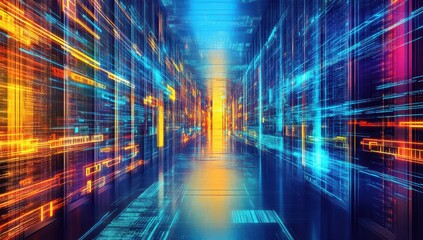 Fototapeta premium Futuristic Digital Corridor with Bright Neon Lights and Data Streams in a High-Tech Environment for Technology and Innovation Themes