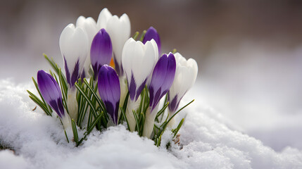 A cluster of white and purple crocuses emerging from the snow, their petals opened wide as the first sign of spring.