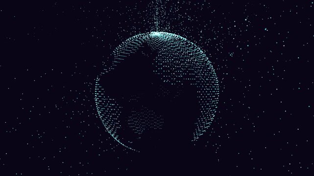 A wireframe sphere floats in a celestial backdrop, with interconnected lines and dots defining its shape. Stars and celestial objects adorn the space around it