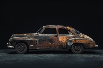 A rusted and aged classic vehicle in a darkened indoor environment
