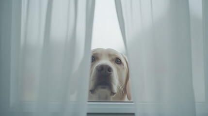 Dog looking through window. The white sheer curtain provides a soft, diffused light, highlighting the animal's focused expression as it gazes outward.