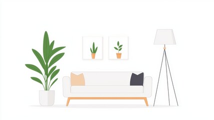 Modern Minimalist Living Room with Indoor Plants, Cozy Sofa, Stylish Lamp, and Beautiful Wall Art for Contemporary Home Decoration