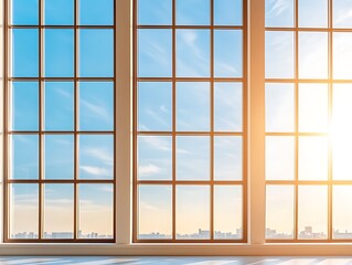 Expansive Windows Offering Scenic View of Bright Sky and Urban Cityscape in Modern Interior Space