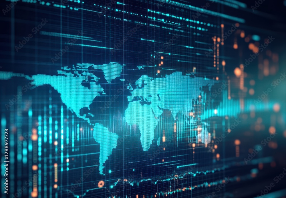 Poster futuristic digital world map with data stream visualization representing global connectivity and tec