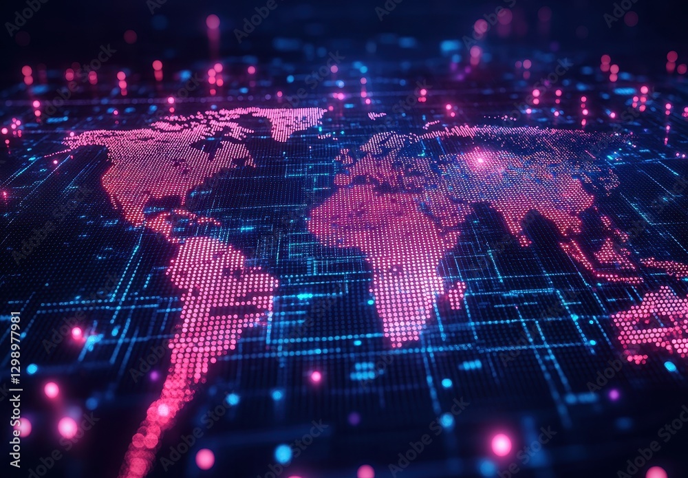 Poster futuristic digital world map with neon colors and binary code elements representing global connectiv