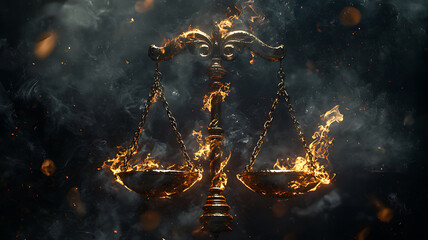 Scales Of Justice Surrounded By Flames Symbolizing Conflict And Judgment