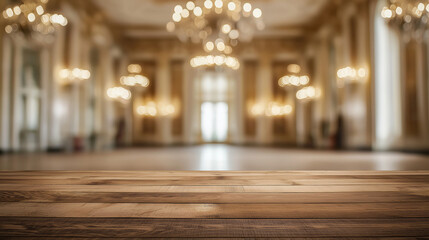Wooden Tabletop in Blurred Luxurious Ballroom