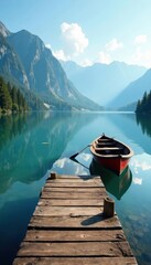 Obraz premium Rustic wooden dock, small fishing boat on calm lake, boat, rowboat, summer