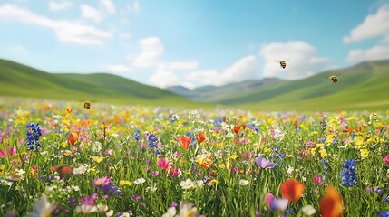 Obraz premium A cozy wooden cabin on a green meadow with wildflowers. 
