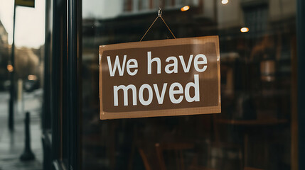 Closed business notice: A storefront announces "We have moved", signaling a change in location or shutdown, impacting local commerce. The message is clear and direct.