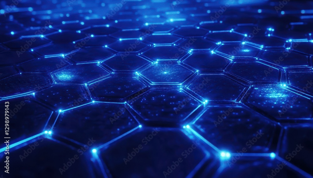 Poster futuristic hexagonal grid background with glowing neon lights and abstract digital patterns in blue 