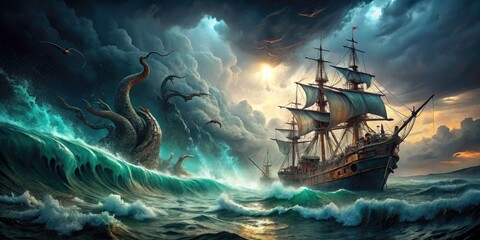 Fototapeta premium Stormy Seascape: Epic Ship vs. Sea Monsters - Urban Exploration Photography
